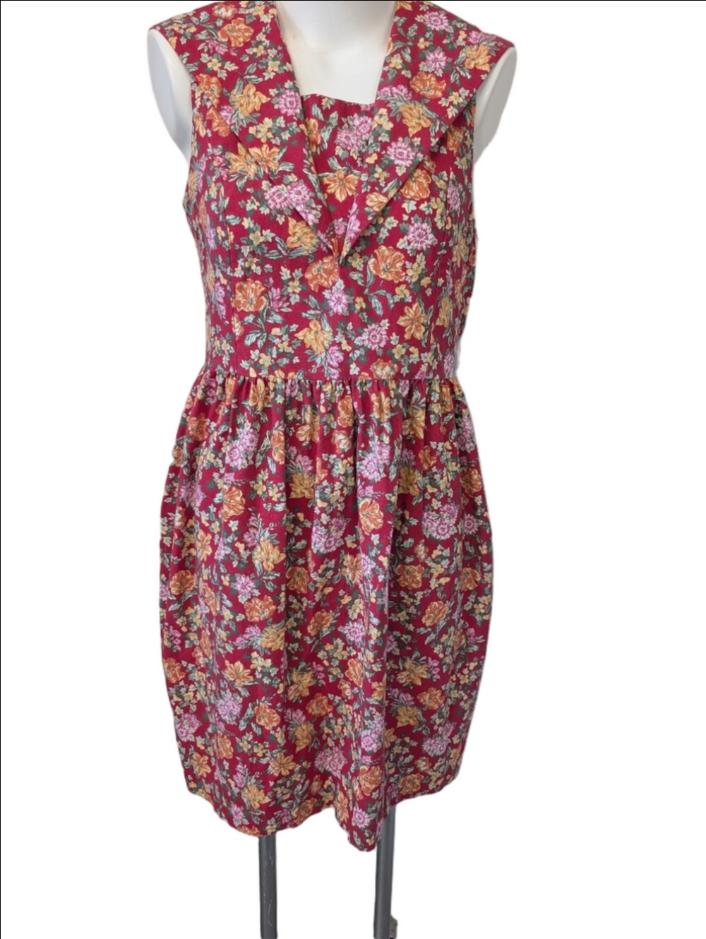 Vintage Dress Laura Ashley  Floral Sleeveless Cotton Sundress  Raspberry Pink